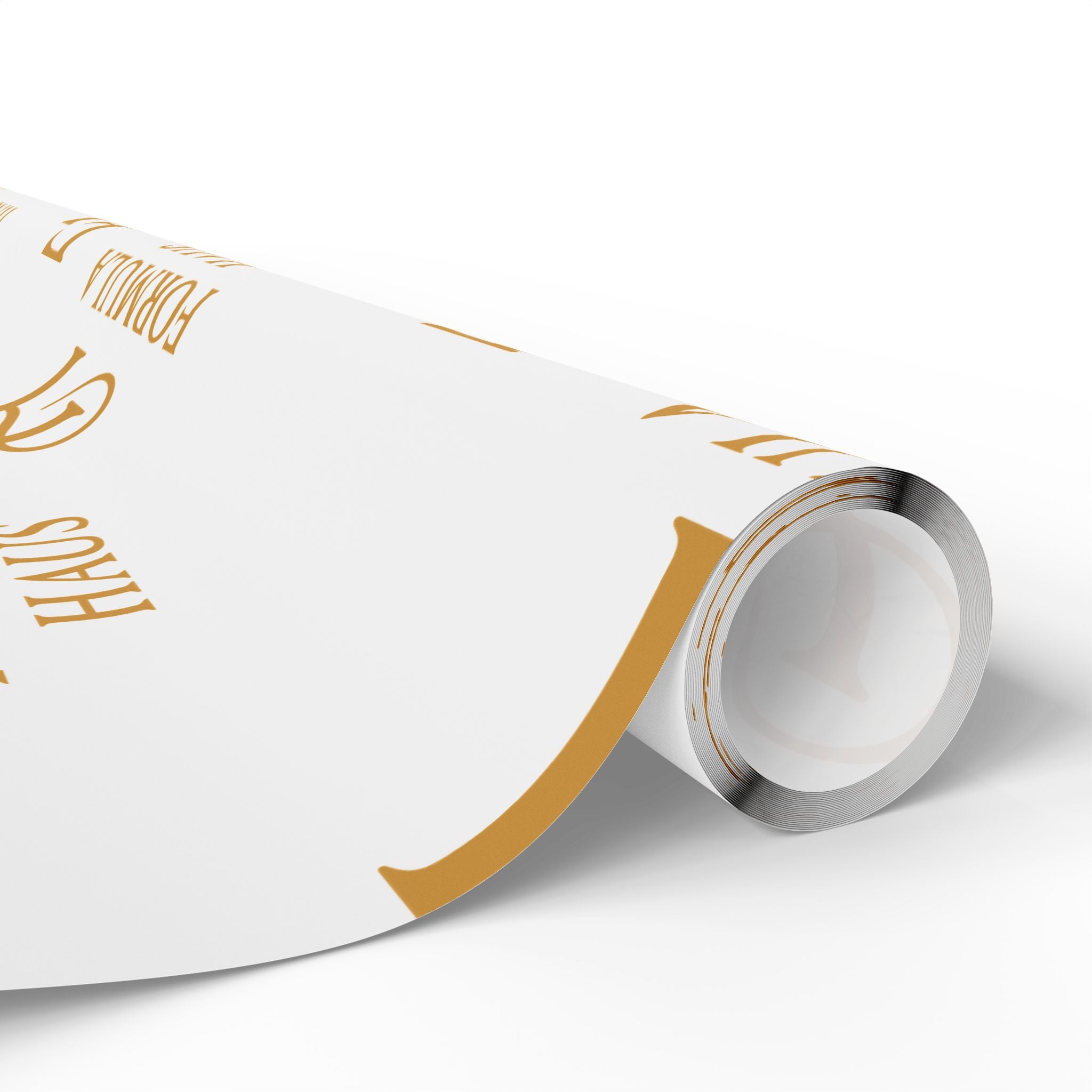 Close-up of a roll of white Formula Haus wrapping paper with gold monogram logos on a white background.