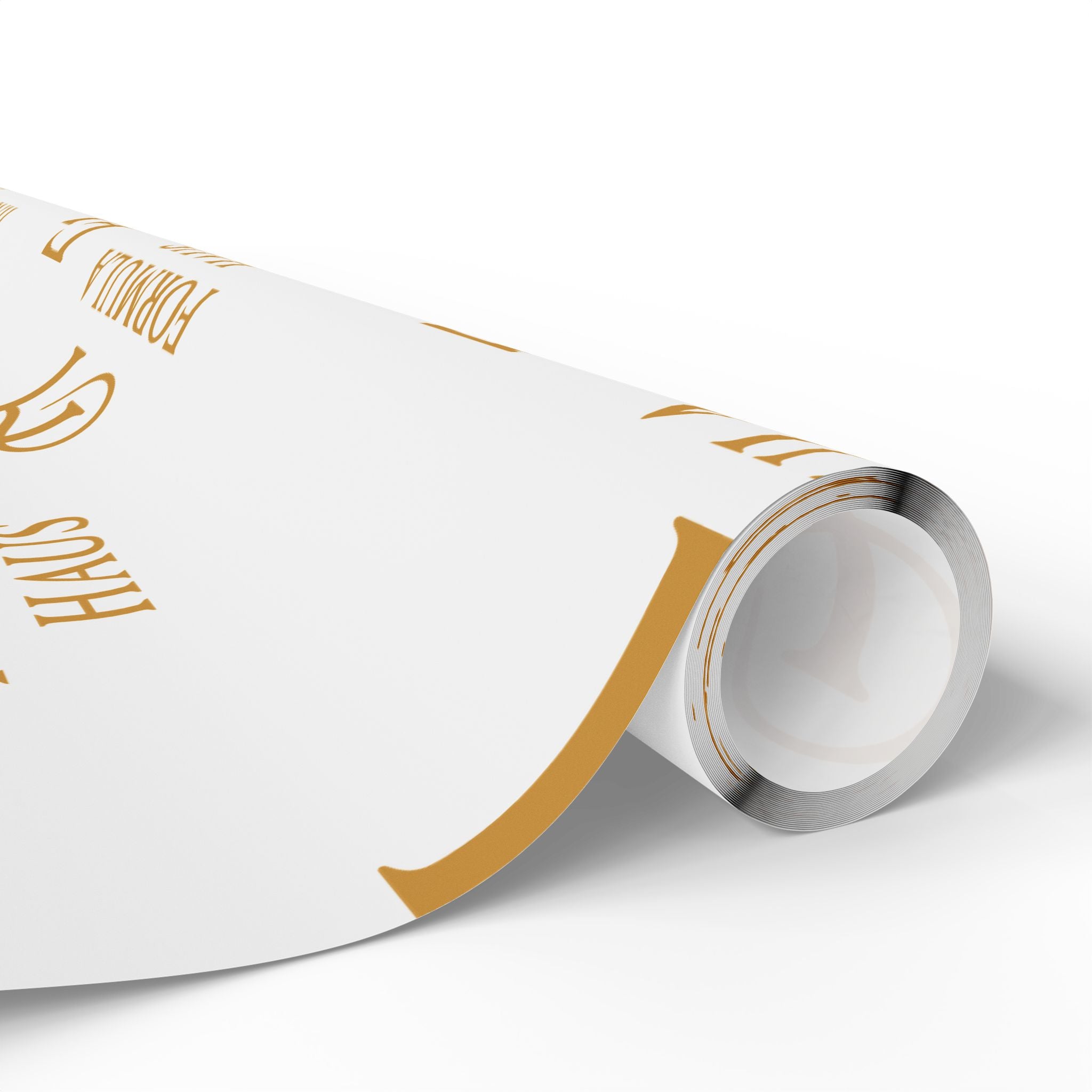 Close-up of a roll of white Formula Haus wrapping paper with gold monogram logos on a white background.
