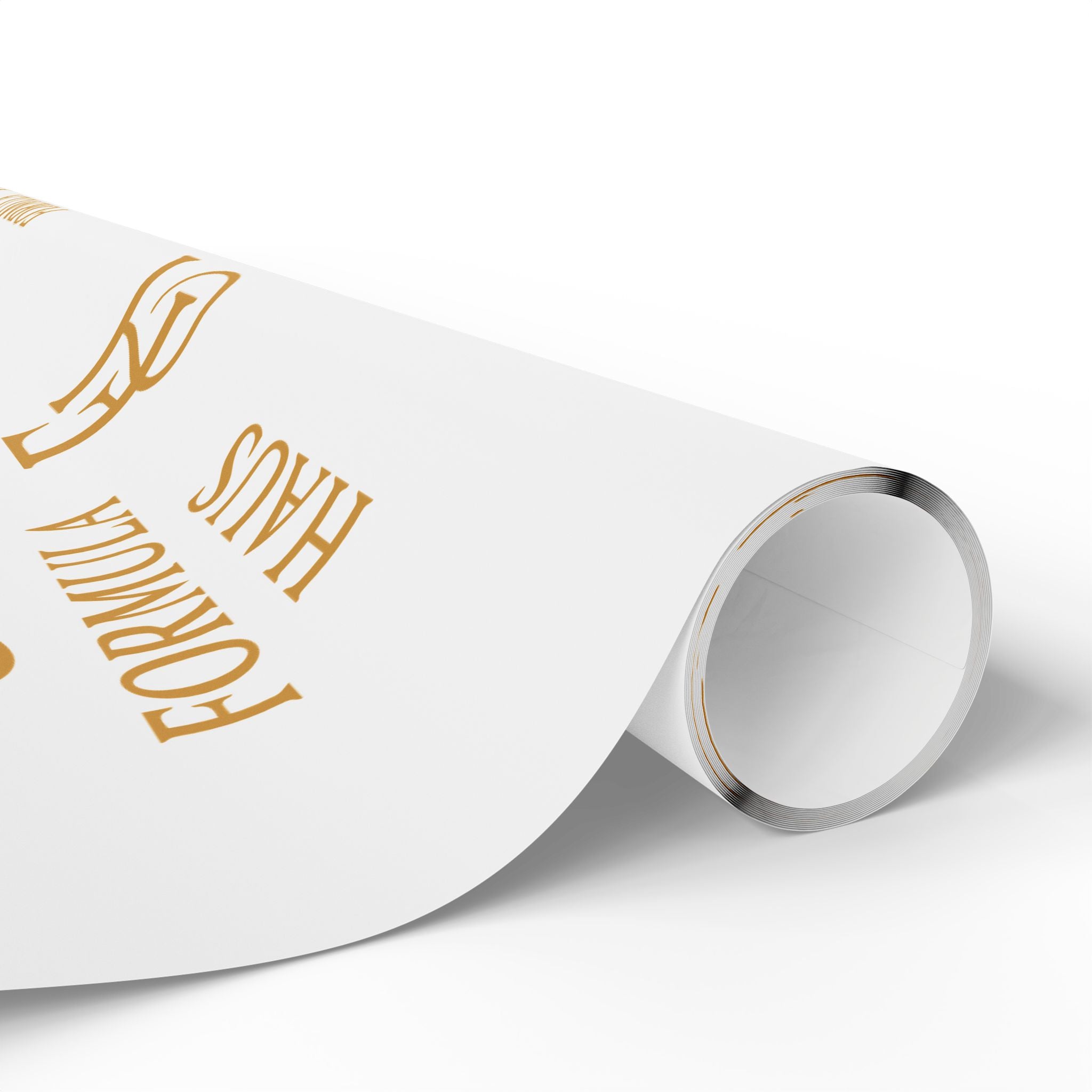 Roll of white Formula Haus wrapping paper with gold monogram logos on a white background.