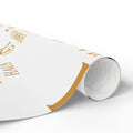 Roll of white Formula Haus signature wrapping paper featuring gold monogram logos on a white background
