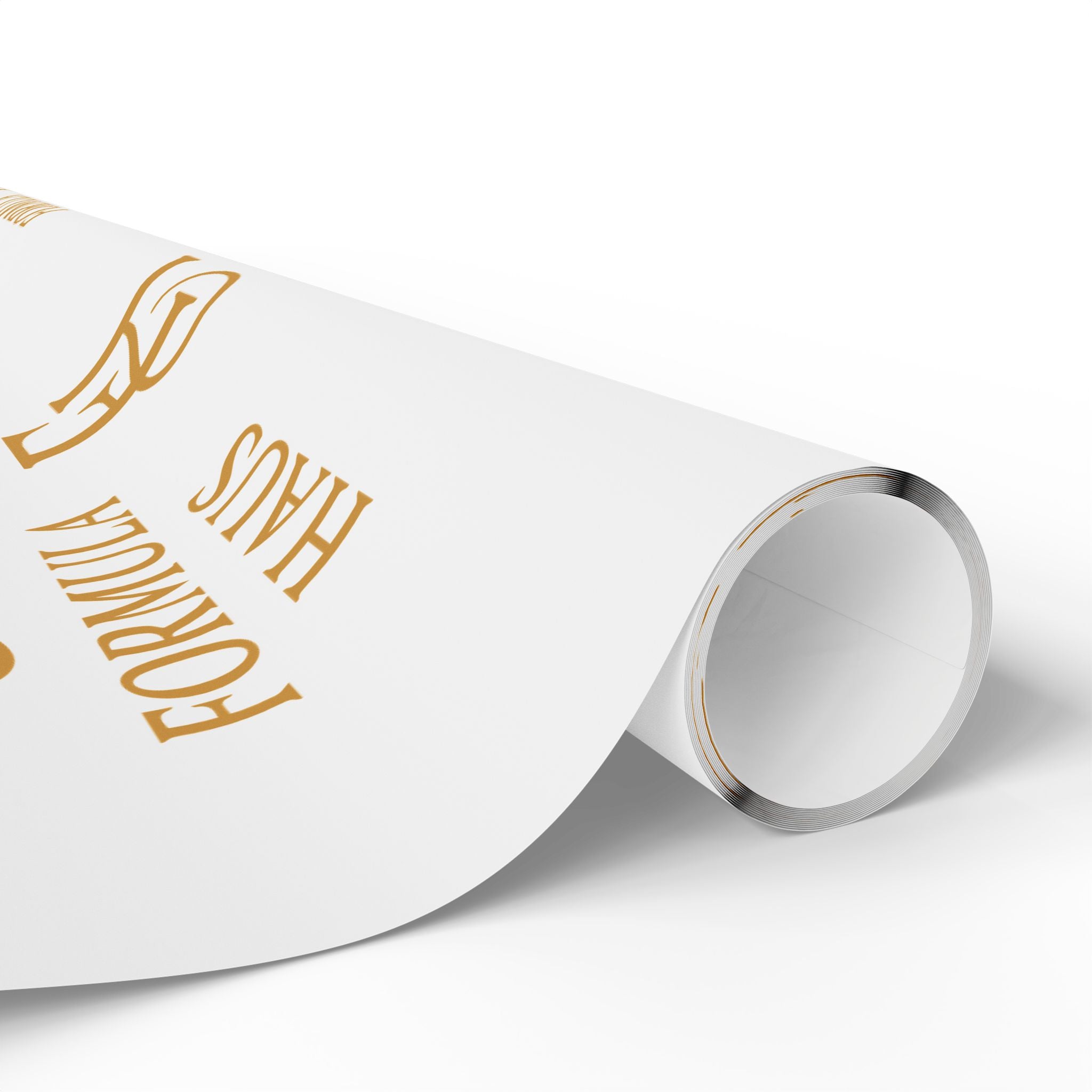 Roll of white Formula Haus wrapping paper with gold monogram logos on a white background
