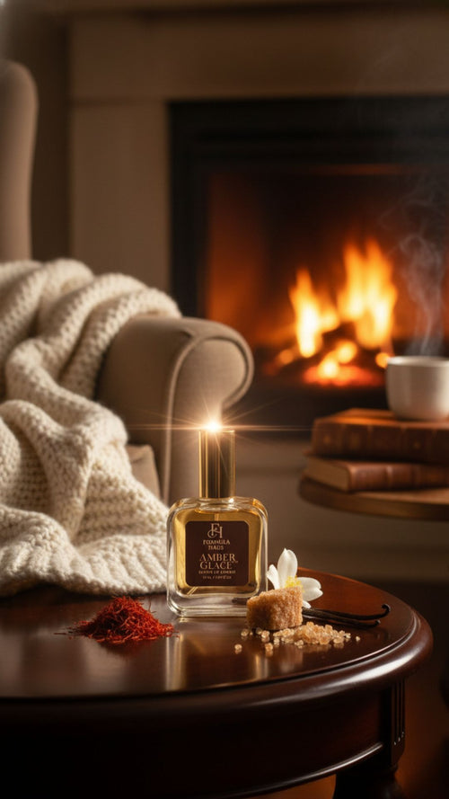 Formula Haus amber glace on a table with saffron and notes