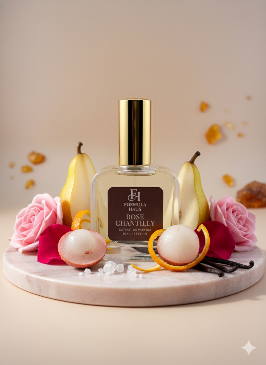 Formula Haus Rose Chantilly perfume bottle surrounded by flowers and fruit on a marble tray