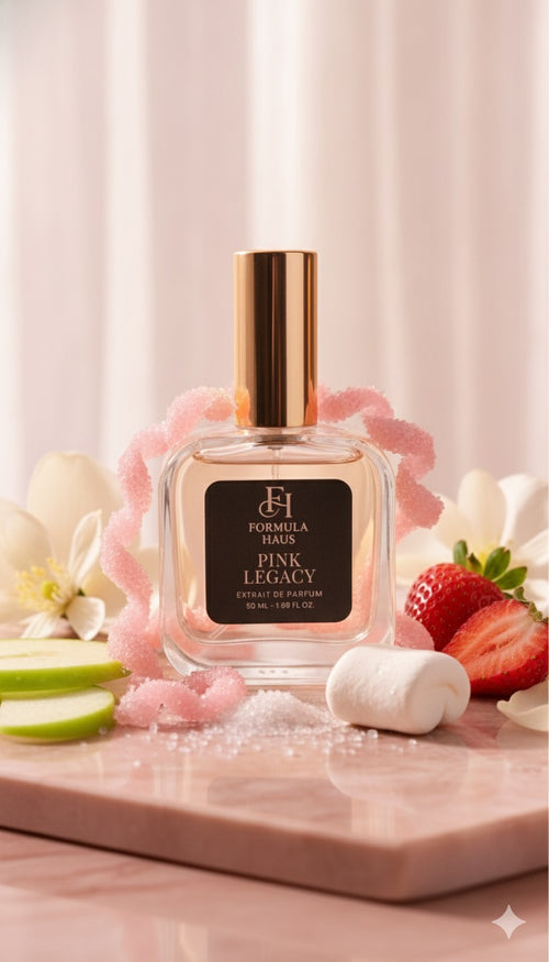 Formula Haus Pink Legacy perfume bottle displayed on a decorative surface with flowers and fruit.