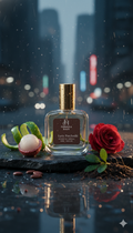 Formula Haus Lyric Patchouli perfume bottle on a wet reflective surface with a red rose, lychee fruit, and green leaves, set against a blurred nighttime cityscape with bright lights