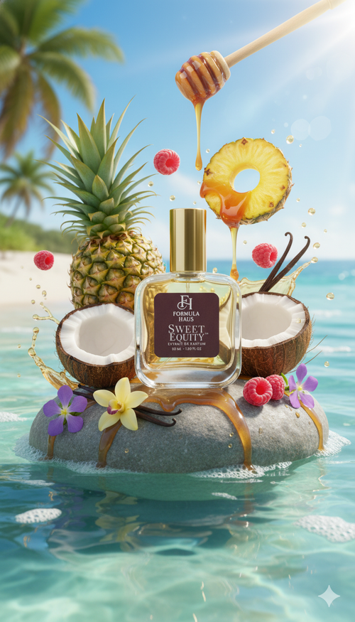 Formula Haus Sweet Equity perfume bottle displayed inside a coconut half with a honey dipper, pineapple, coconut, and tropical flowers on a beach setting with ocean and palm trees in the background