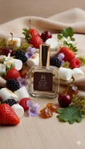 Formula Haus Sugar Muse perfume bottle surrounded by strawberries, blackberries, and other fruits on a wooden surface