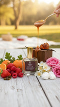 Formula Haus sugar & berries perfume bottle  with a spoon drizzling honey, surrounded by fruits and flowers on a wooden surface.