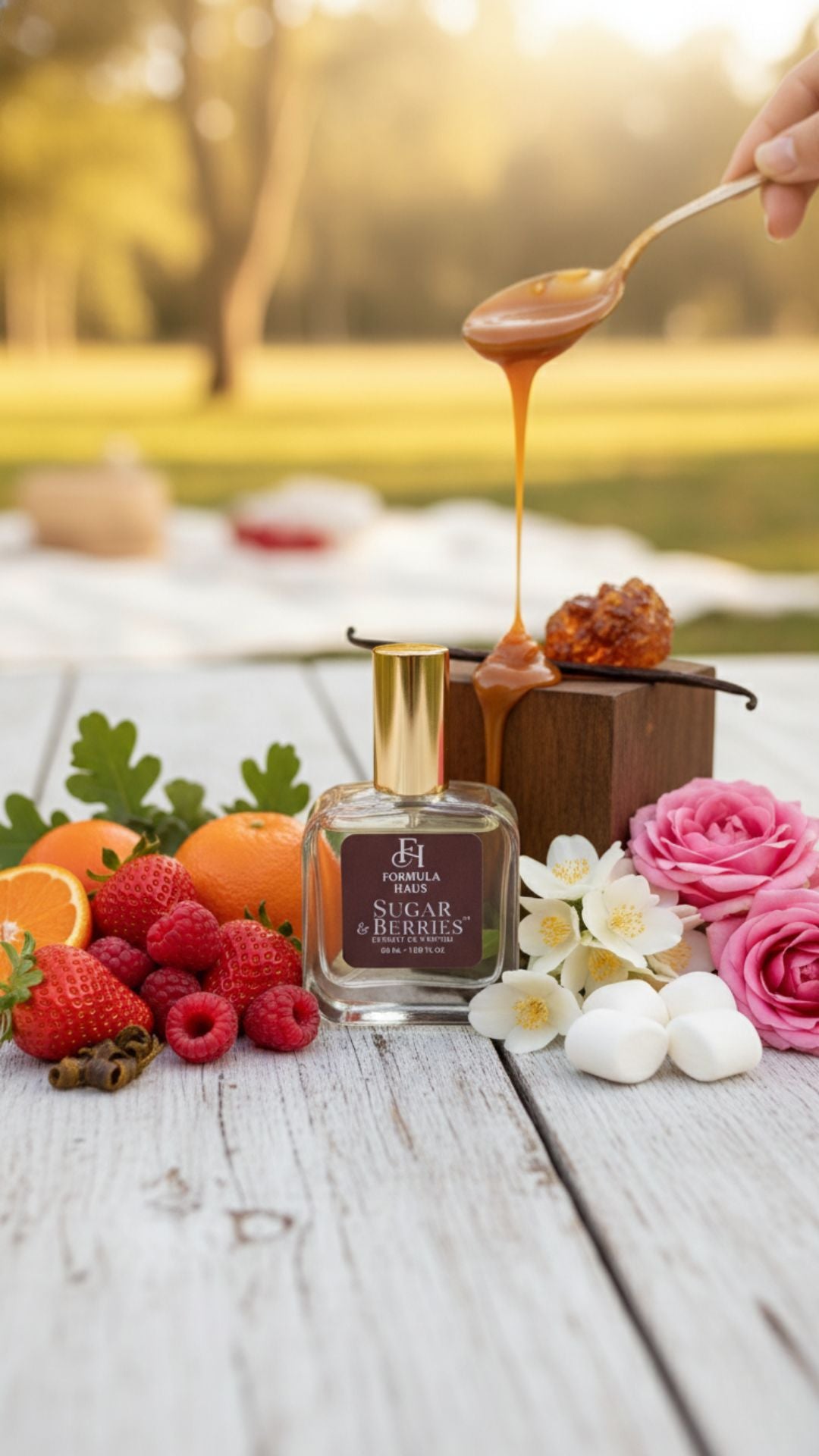 Formula Haus sugar & berries perfume bottle  with a spoon drizzling honey, surrounded by fruits and flowers on a wooden surface.