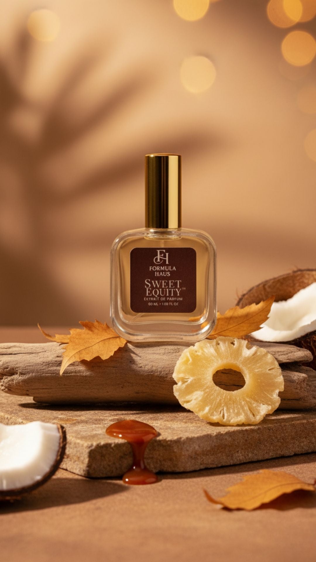 Formula Haus Sweet Equity bottle with coconut and leaves on a warm-toned background