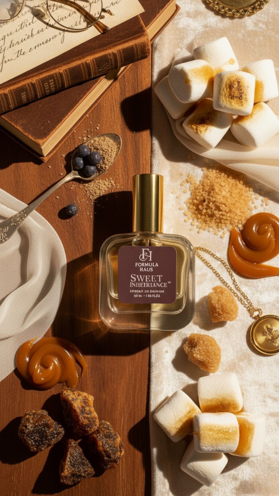 Formula Haus sweet inheritance bottle with sweet notes surrounded by caramel candies and books on a wooden surface.