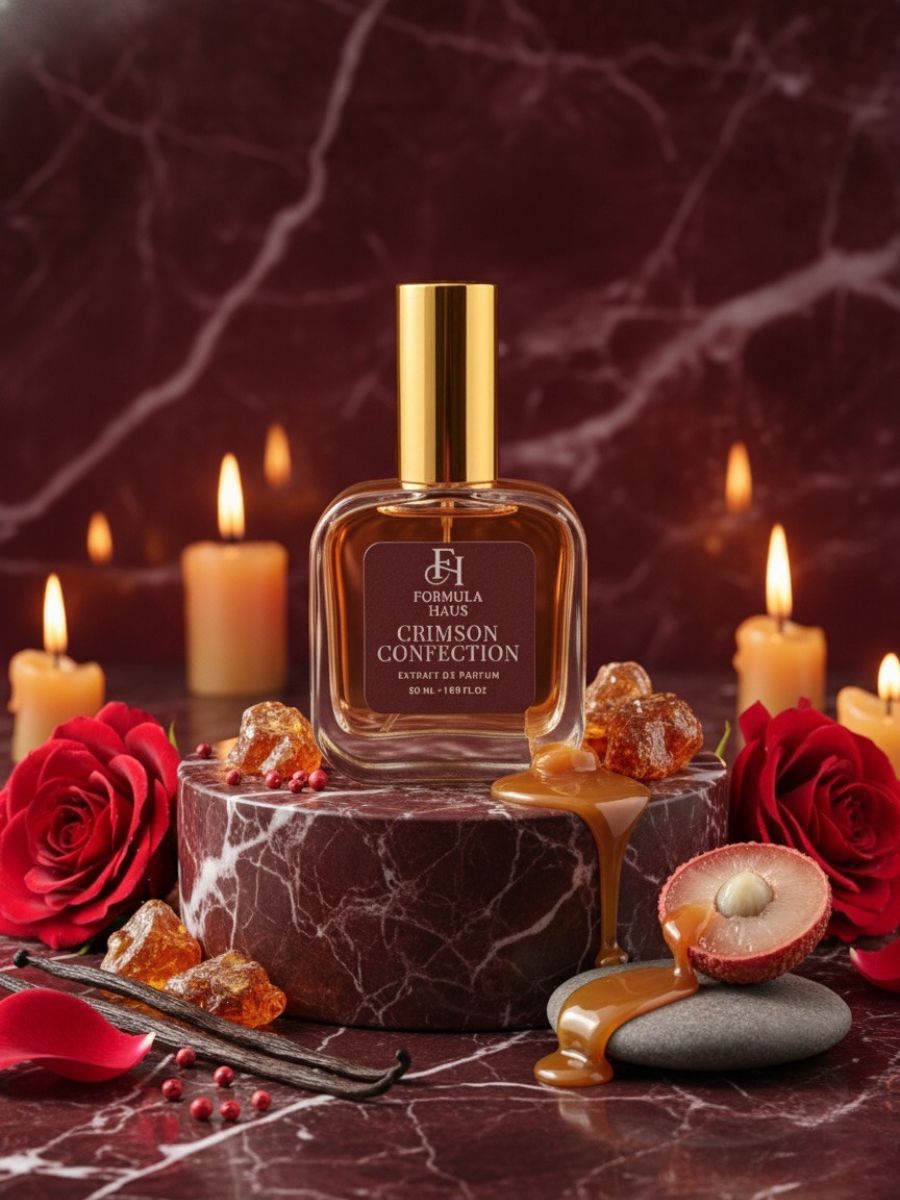 Formula Haus Crimson confection with candles and roses on a dark marble surface