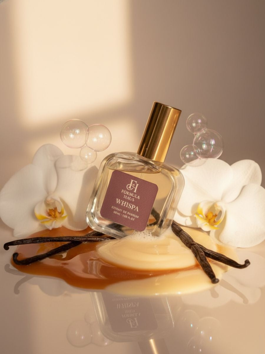 Formula haus whispa perfume bottle with vanilla beans and orchids on a reflective surface.